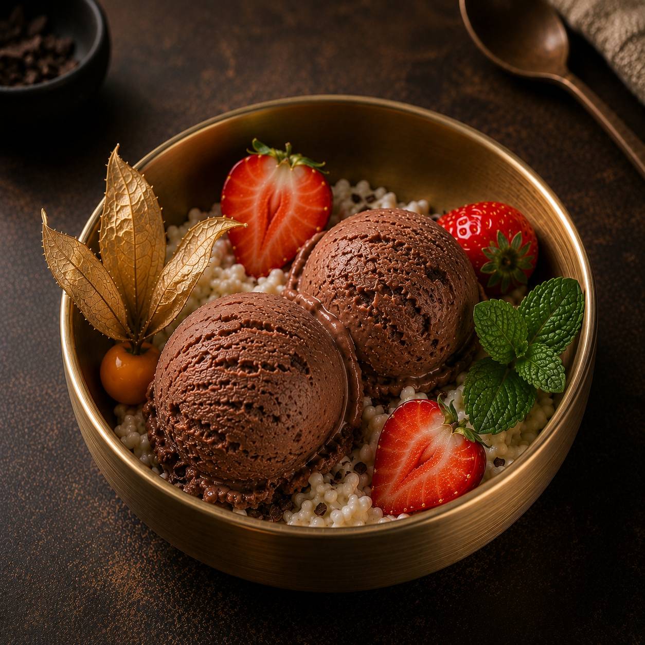 Schokolade Eis mit Sahne und Beeren