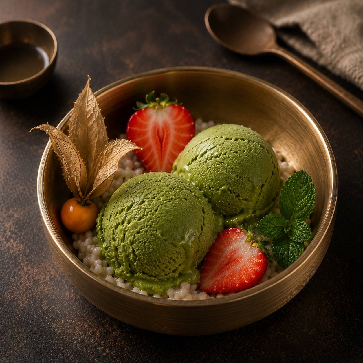 Matcha Eis mit Sahne und Beeren