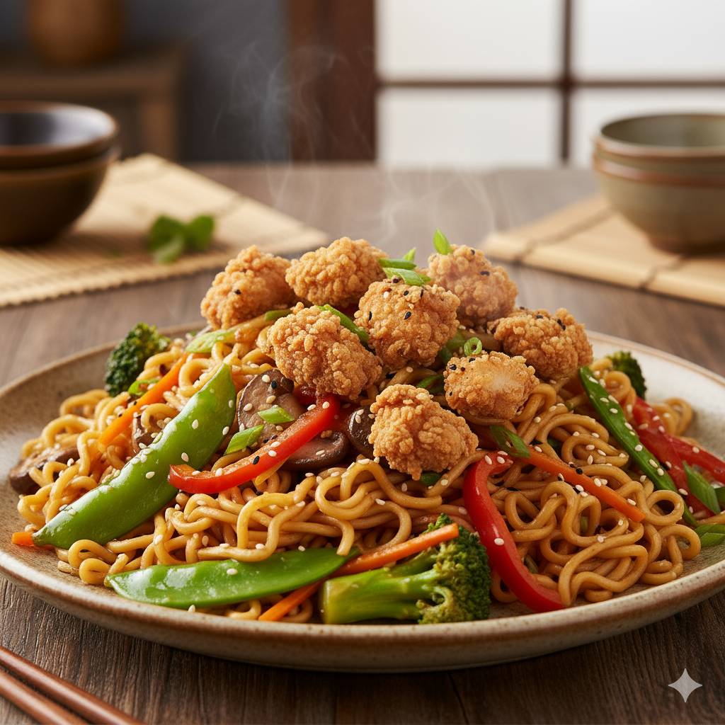 Gebratene Nudeln mit gebackenem Huhn