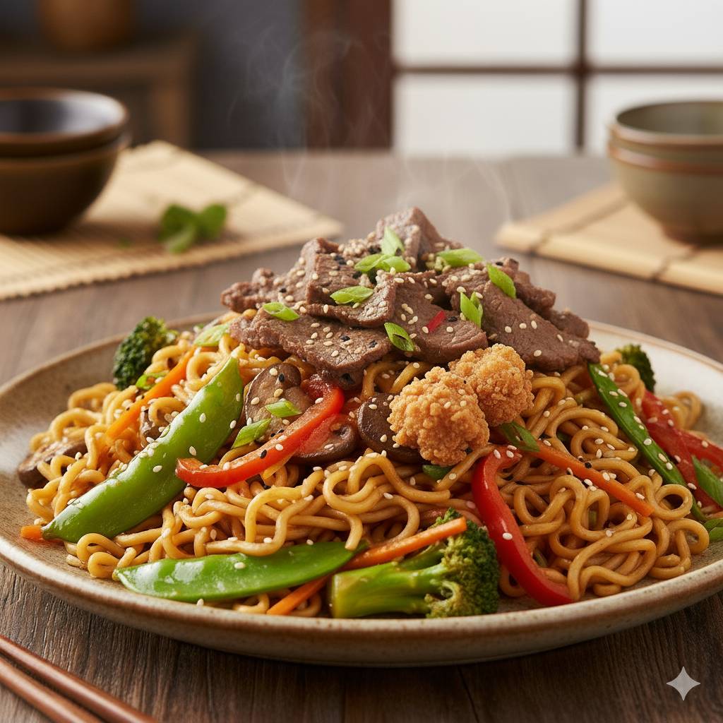 Gebratene Nudeln drei Fleischsorten und rotem Curry