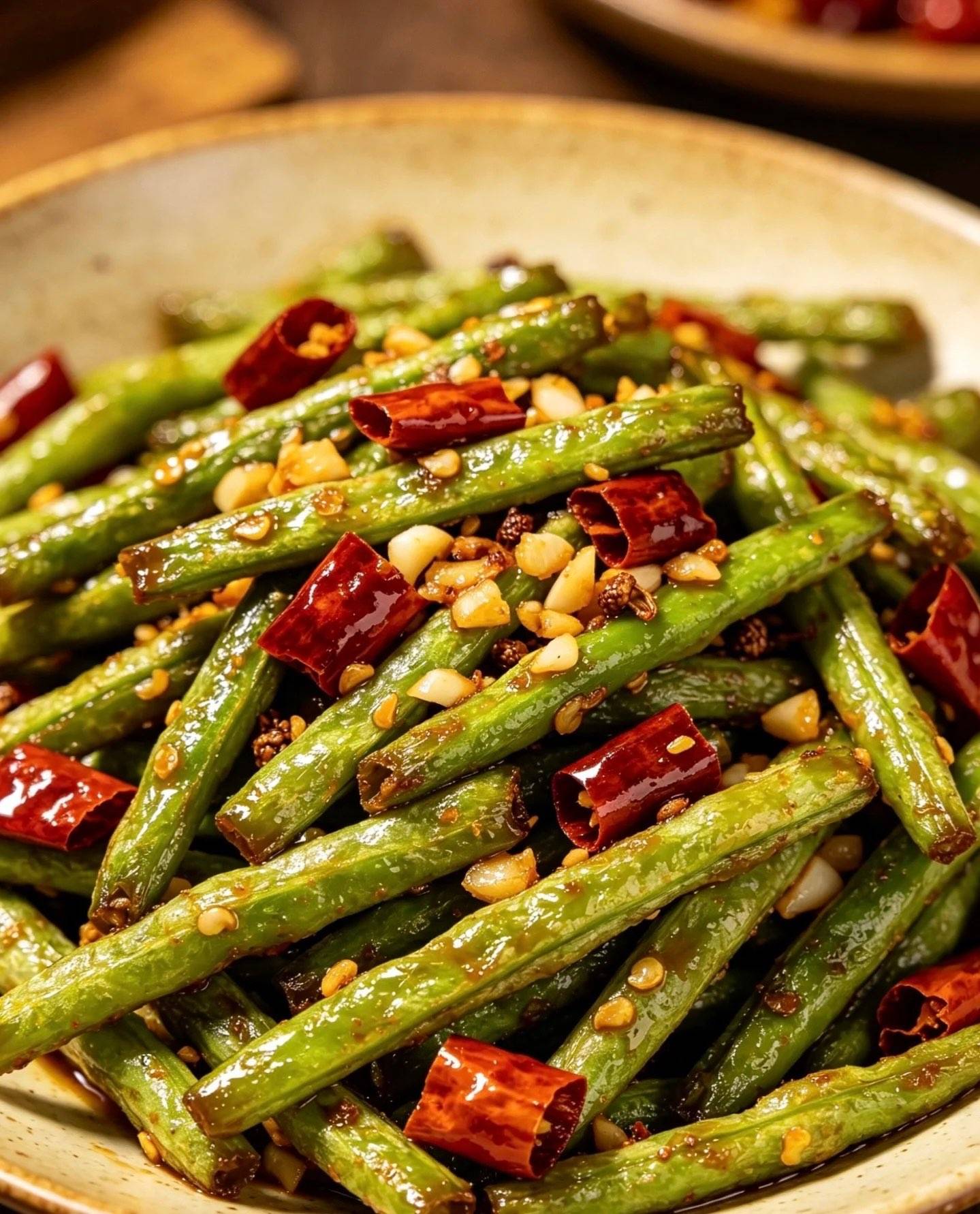 干煸芽菜四季豆Knusprig gebratene grüne Bohnen mit Yibin-Sprossengemüse (Sichuan-Art